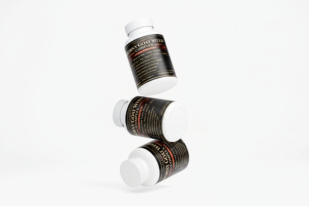 Three bottles of Horny goat weed complex on a white background with 'suplifull' branding.