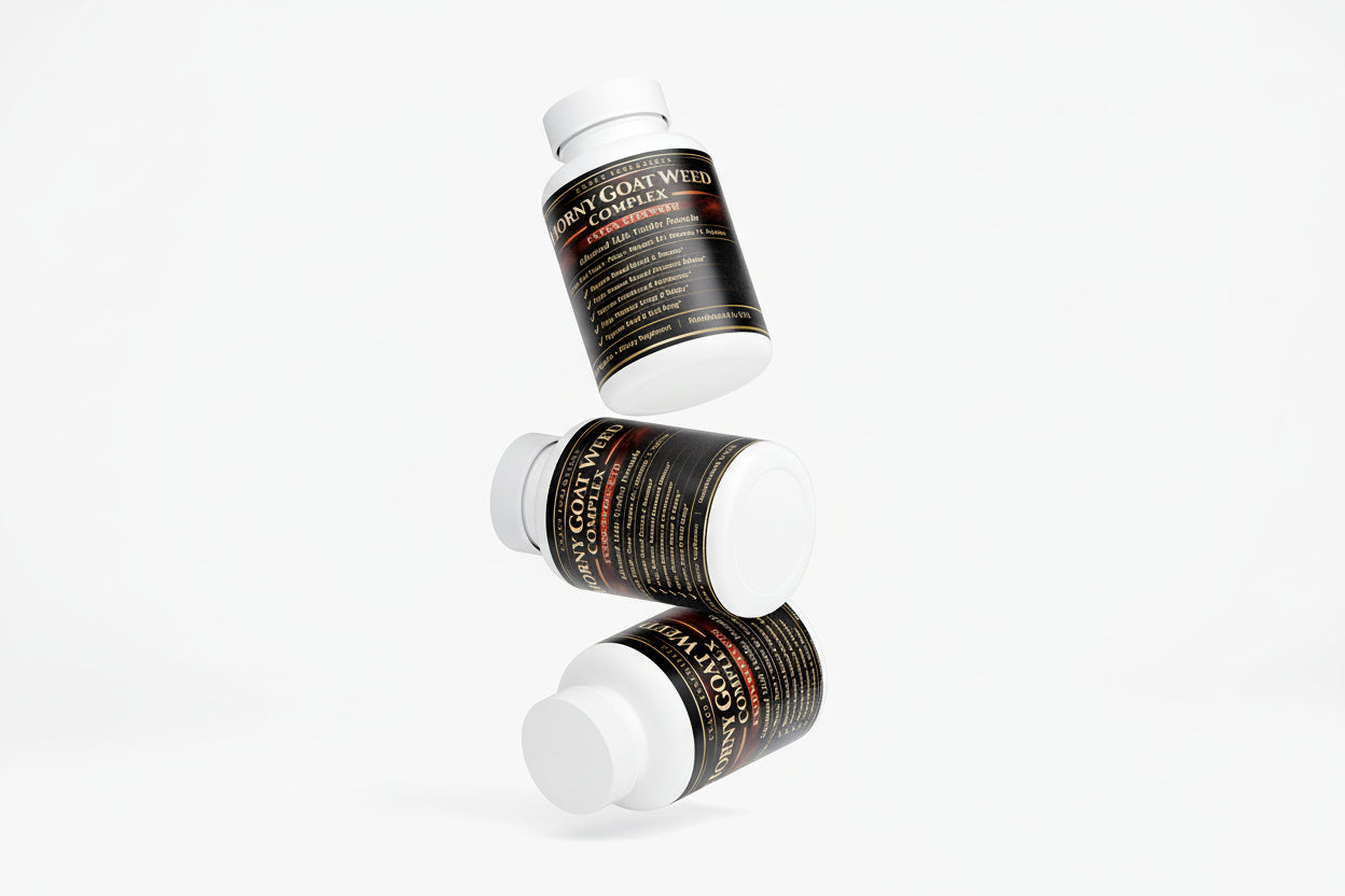 Three bottles of Horny goat weed complex on a white background with 'suplifull' branding.