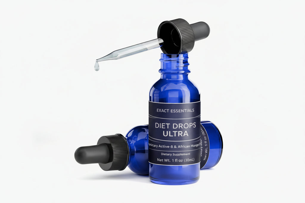Blue dietary supplement bottle with dropper labeled 'Diet Drops Ultra' on a white background.