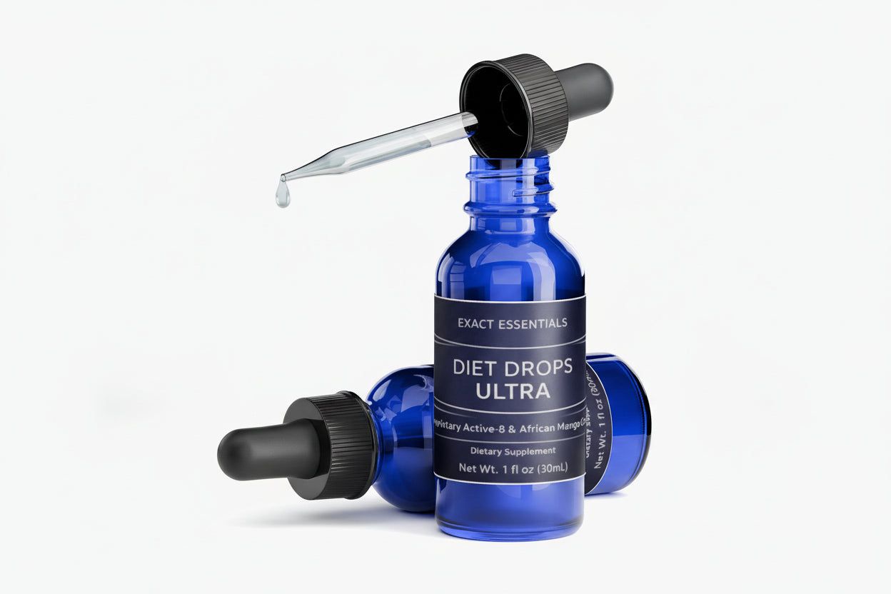 Blue dietary supplement bottle with dropper labeled 'Diet Drops Ultra' on a white background.