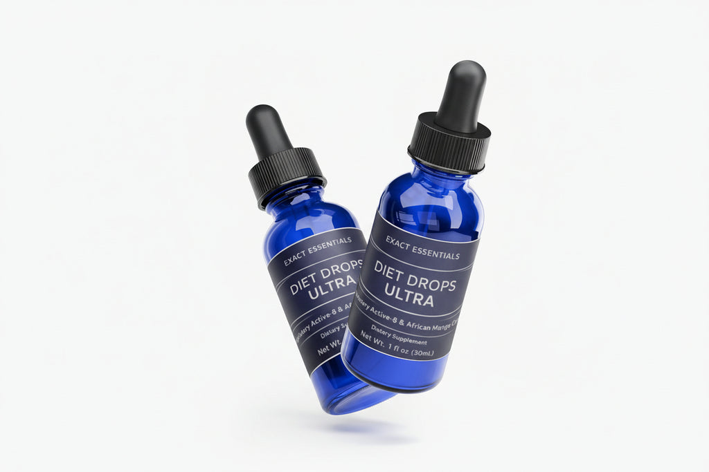 Two blue bottles of 'Diet Drops Ultra' with dropper caps on a white background.