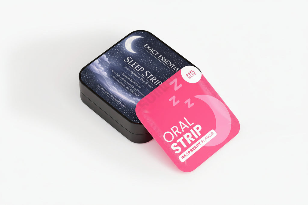 Pink oral strip packaging with black tin on a white background