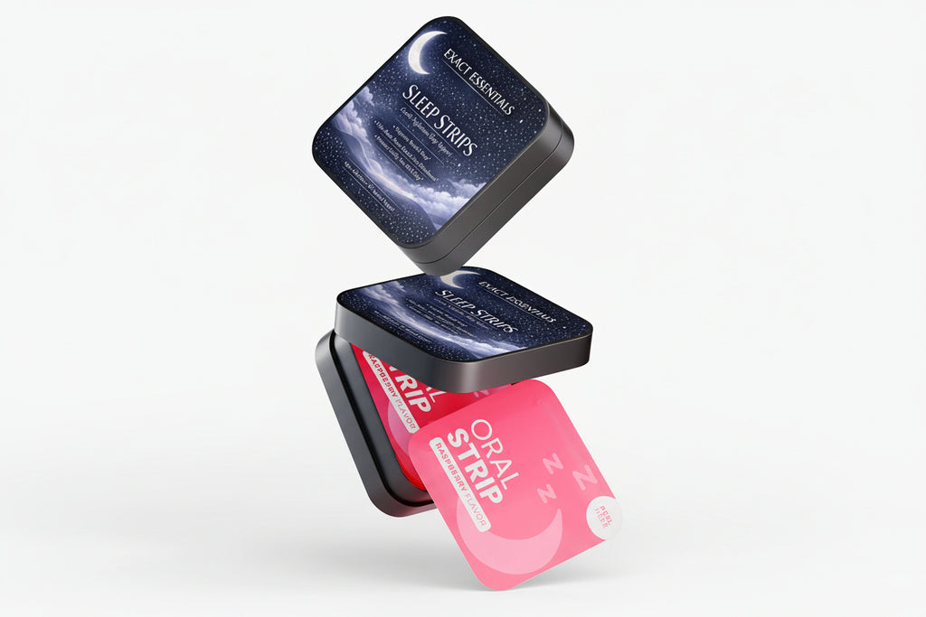 Sleep strip packaging with a pink strip and black container on a white background