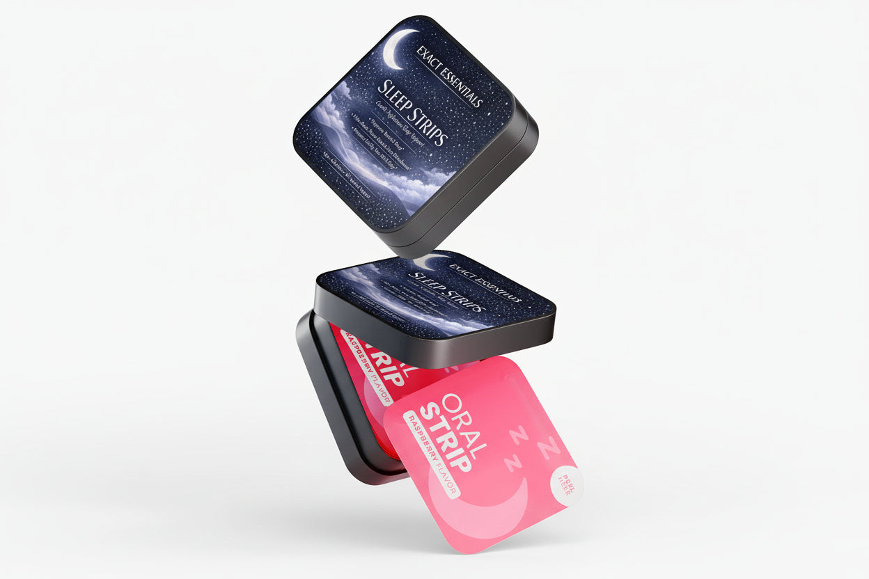 Sleep strip packaging with a pink strip and black container on a white background