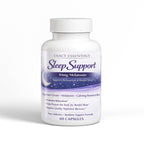 Sleep Support supplement bottle with white label on a white background