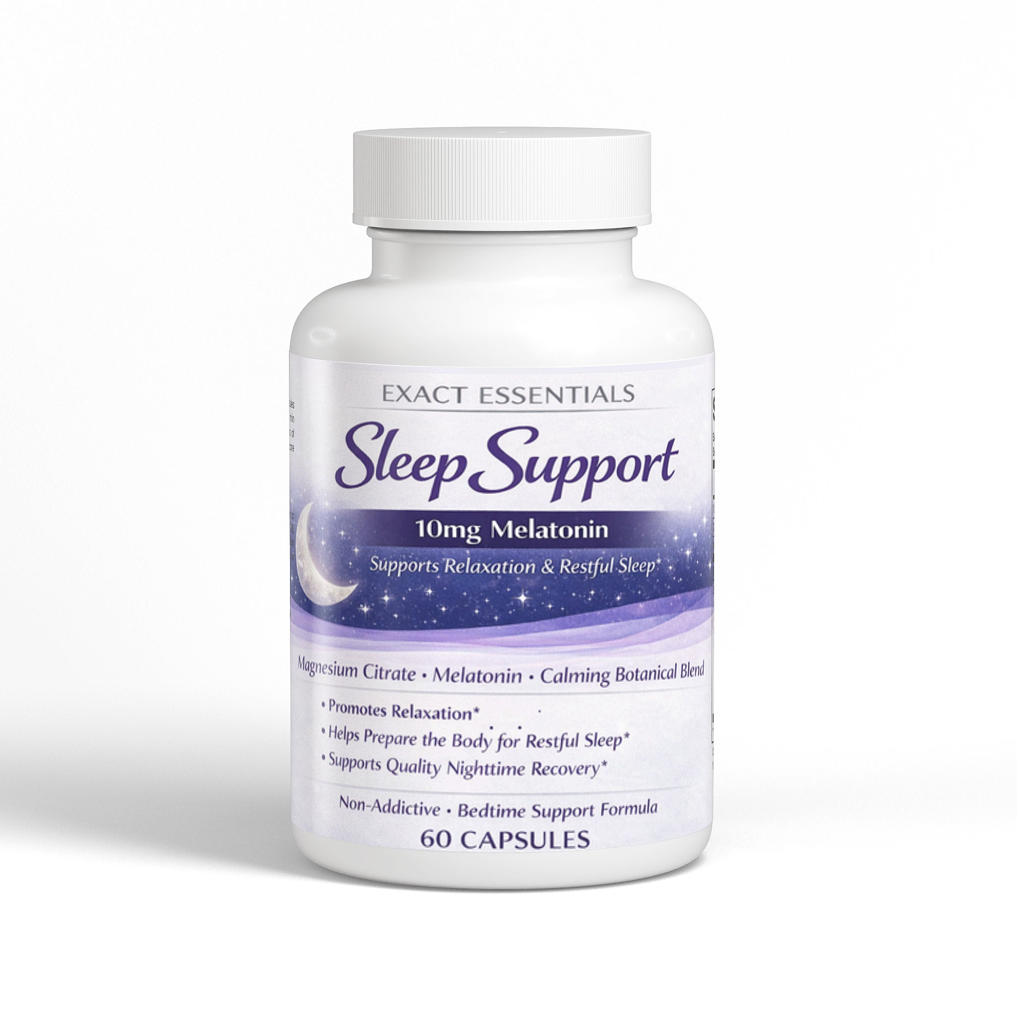 Sleep Support supplement bottle with white label on a white background