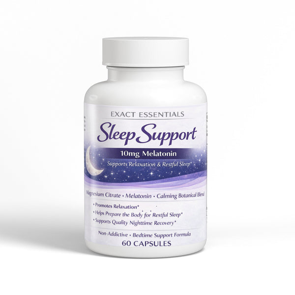 Sleep Support supplement bottle with white label on a white background