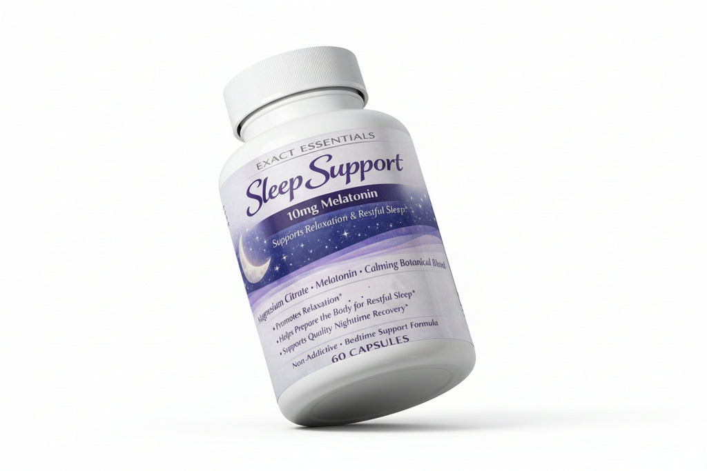 Sleep support supplement bottle with purple label on a textured gray background