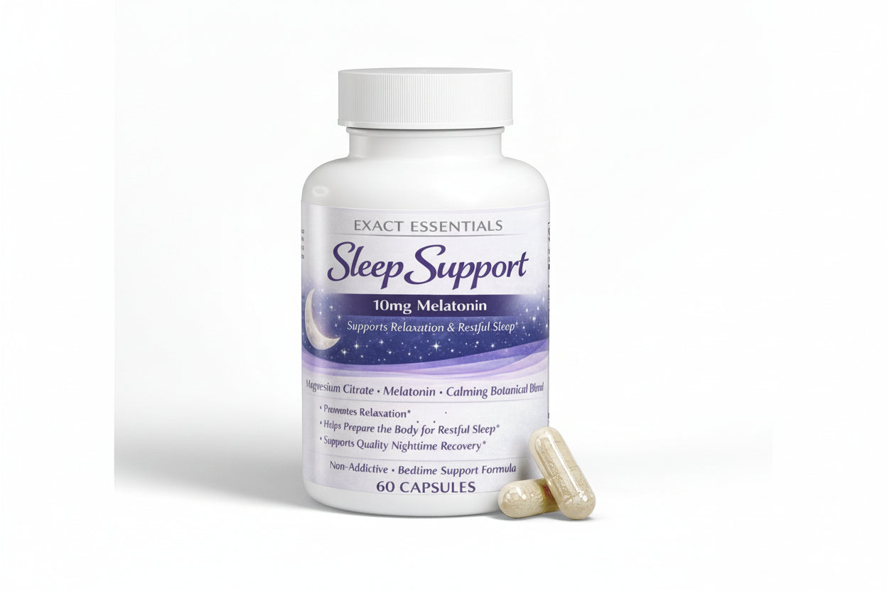 Sleep support supplement bottle with label on a white background
