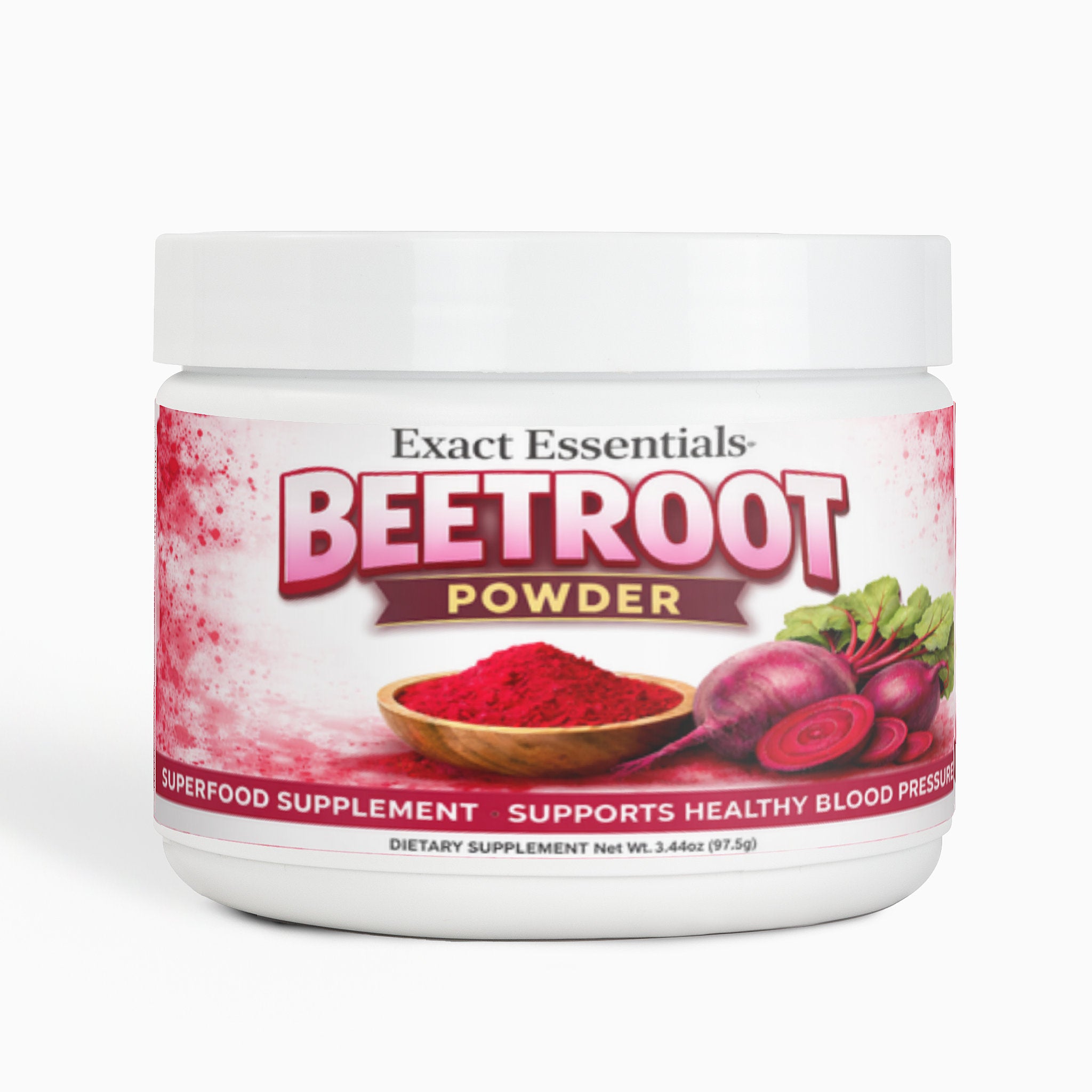 Jar of Exact Essentials Beetroot Powder on a white background