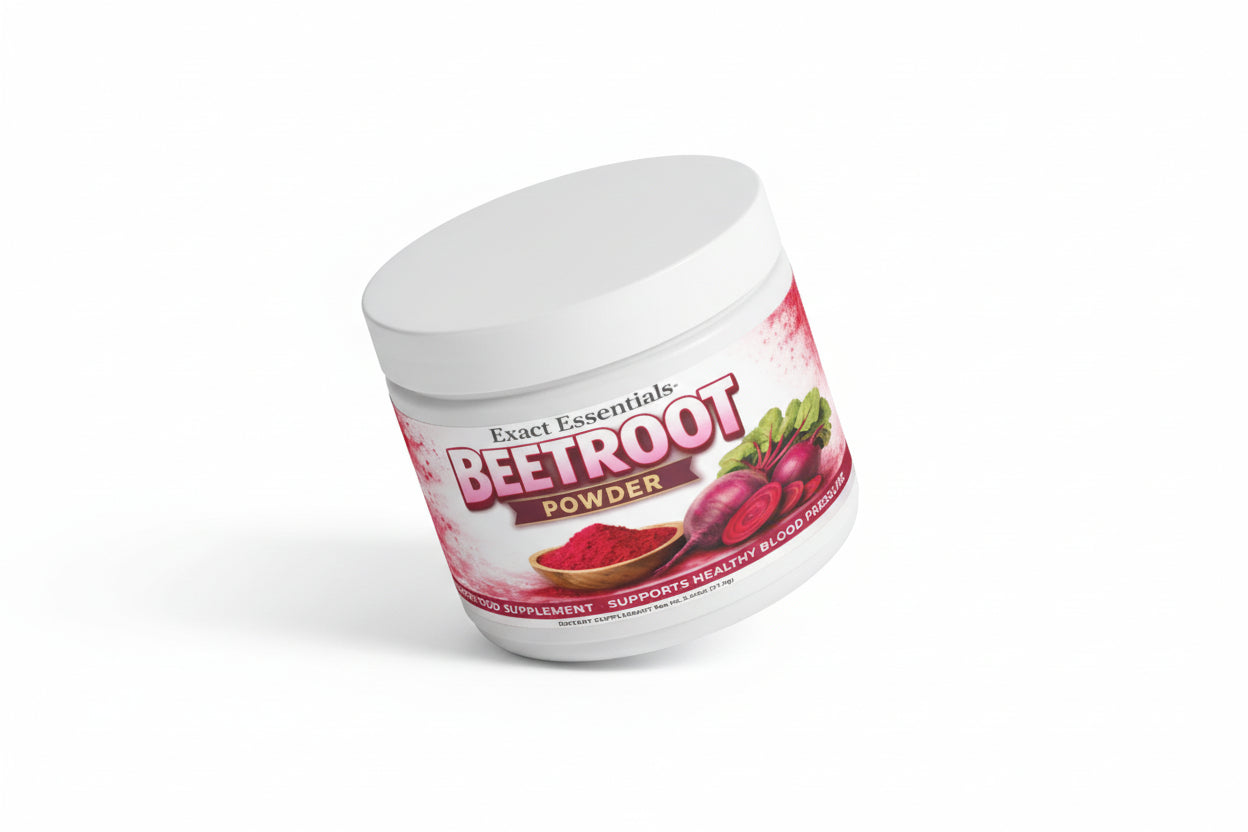 Container of beetroot powder with a white background
