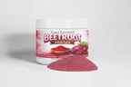 Beetroot powder container with visible beetroot powder on a white background
