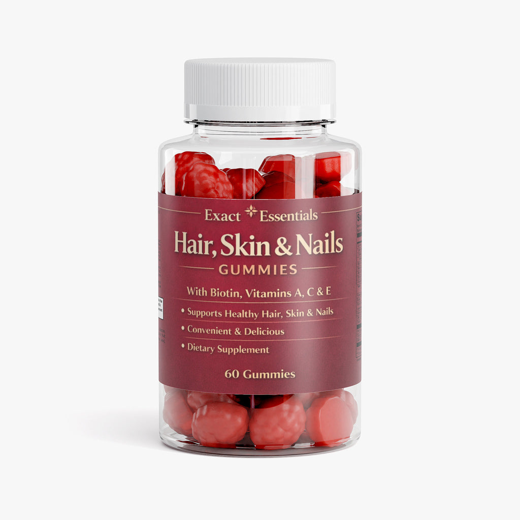 Bottle of Exact Essentials Hair, Skin & Nails Gummies with red gummy bears inside on a white background
