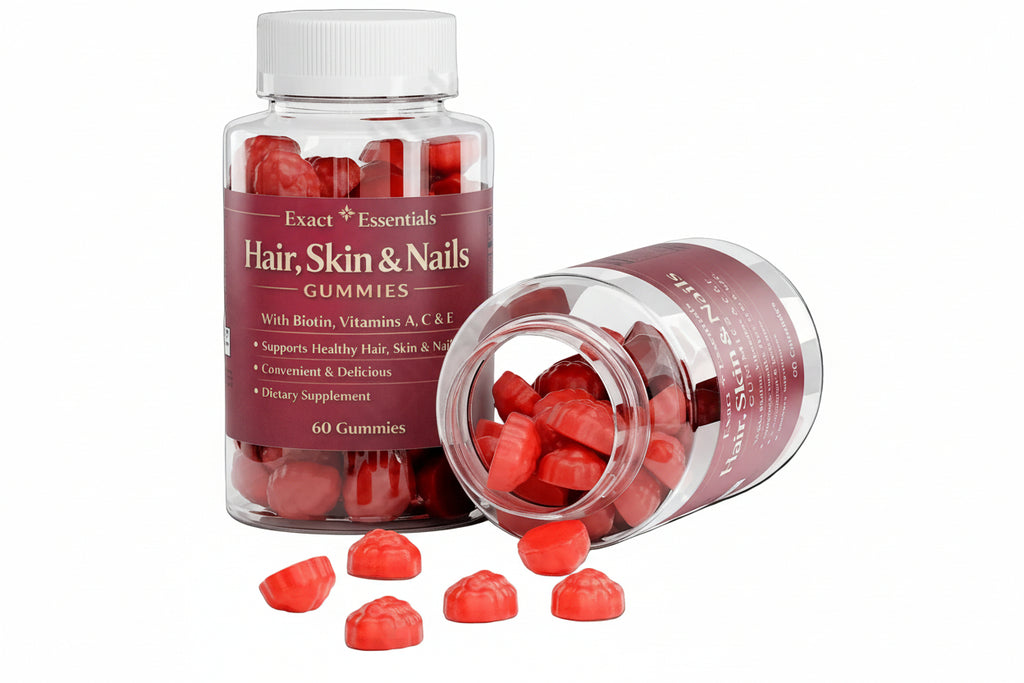 Hair, Skin & Nails gummies in a bottle with visible branding on a white background