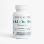 Bottle of Exact Essentials Dental + Oral Health Chewables on a white background