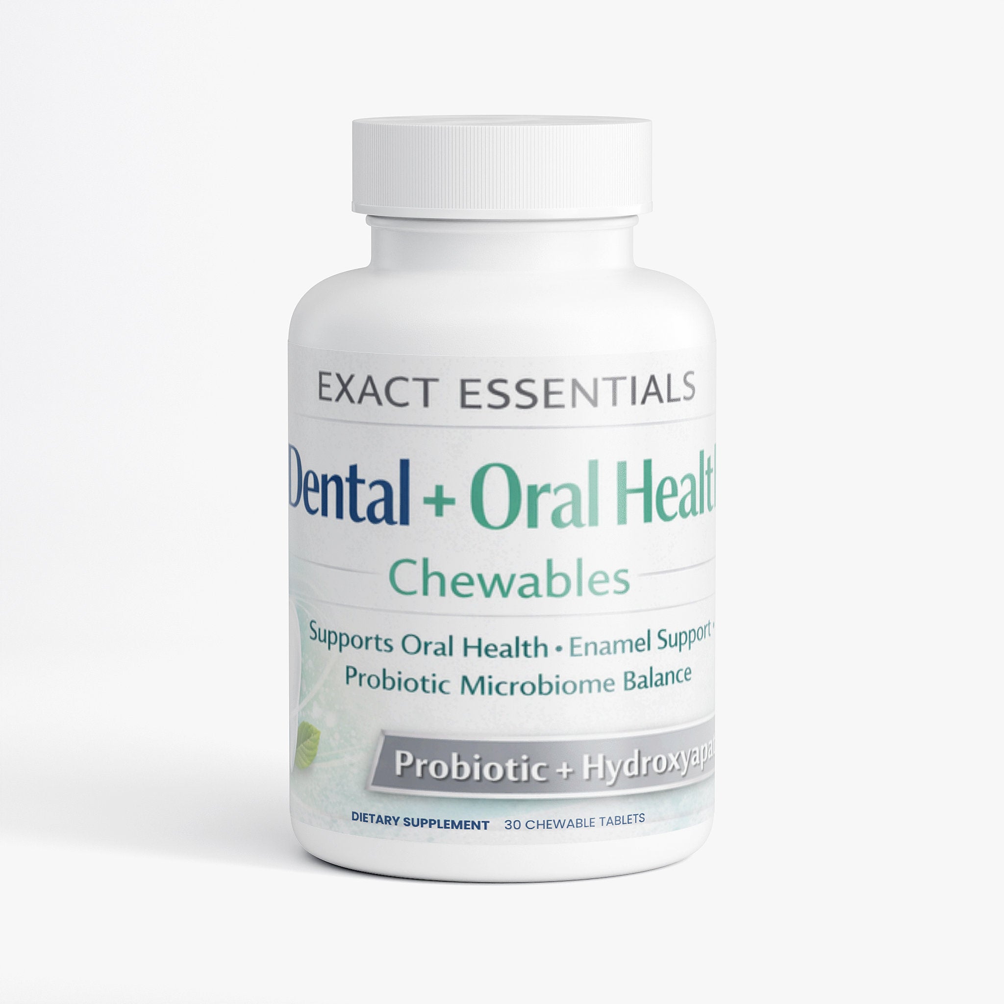 Bottle of Exact Essentials Dental + Oral Health Chewables on a white background