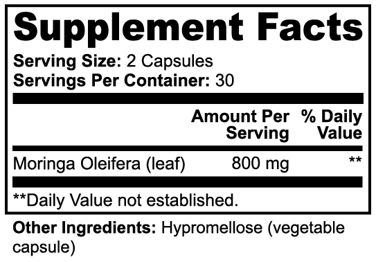 Supplement facts label with Moringa Oleifera and Hypromellose information