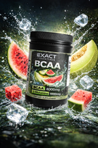 Supplement bottle labeled 'Exact Essentials BCAA' with watermelon slices and ice cubes on a dark background