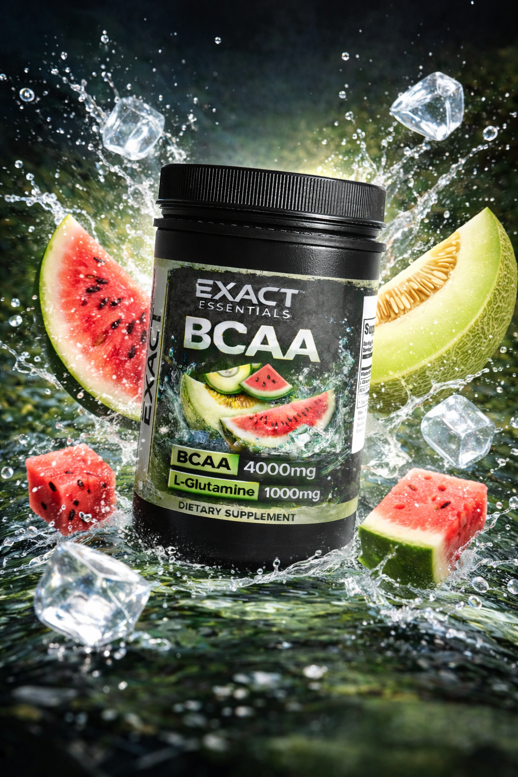 Supplement bottle labeled 'Exact Essentials BCAA' with watermelon slices and ice cubes on a dark background
