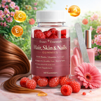 Hair, Skin & Nails gummies with raspberries and vitamins on a natural background