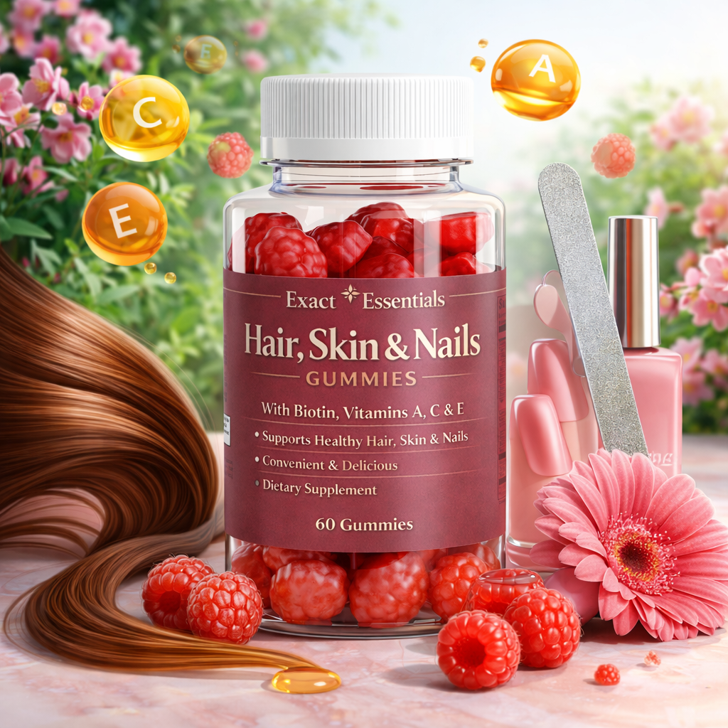 Hair, Skin & Nails gummies with raspberries and vitamins on a natural background