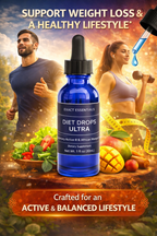 Blue bottle of Diet Drops Ultra with lifestyle images of a man and woman exercising and eating healthy food.