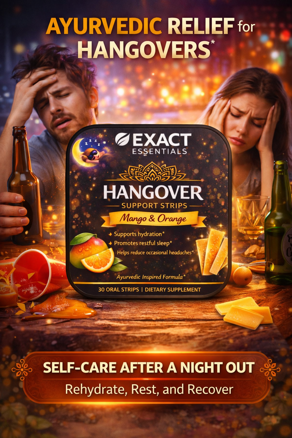 Exact Essentials Hangover Support Strips packaging with a man and woman experiencing hangovers in the background.