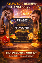 Exact Essentials Hangover Support Strips packaging with a man and woman experiencing hangovers in the background.