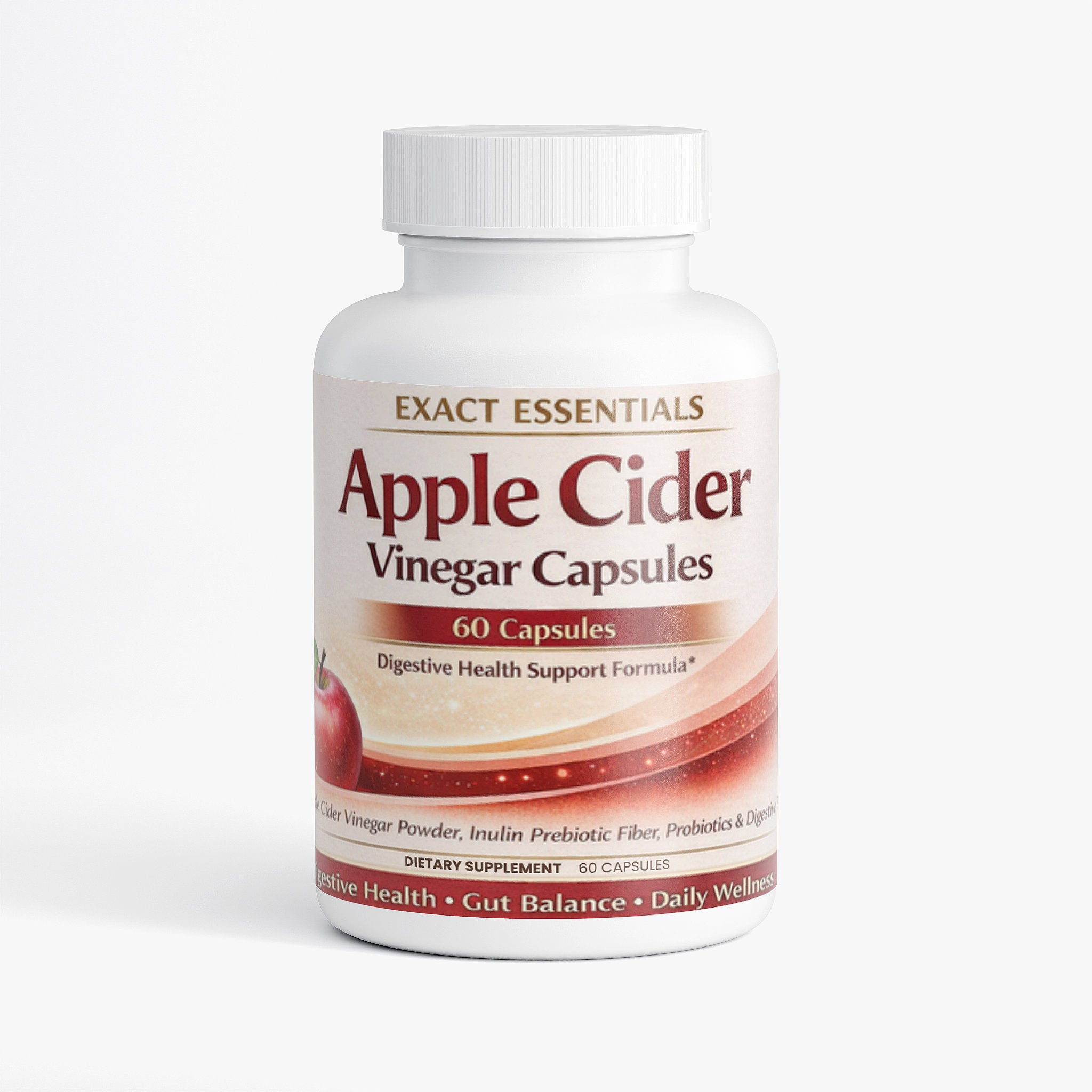 Bottle of Exact Essentials Apple Cider Vinegar Capsules on a white background
