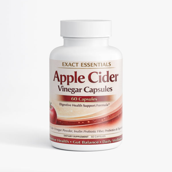 Bottle of Exact Essentials Apple Cider Vinegar Capsules on a white background